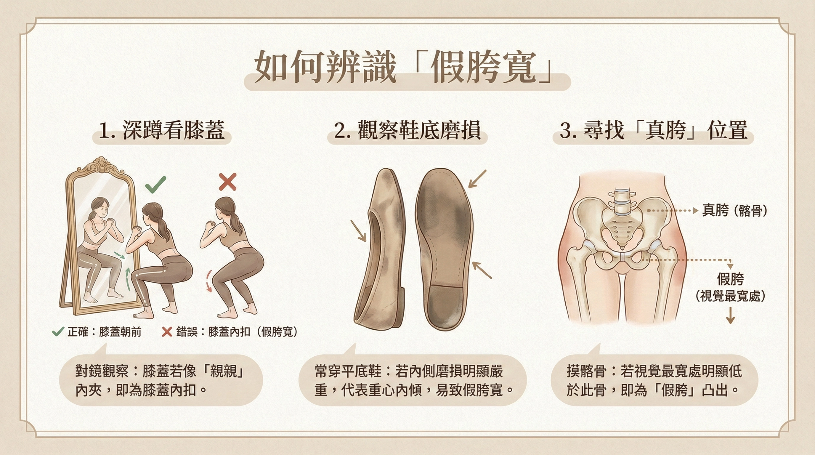 三招自檢妳是否有「假胯寬」與「膝蓋內扣」