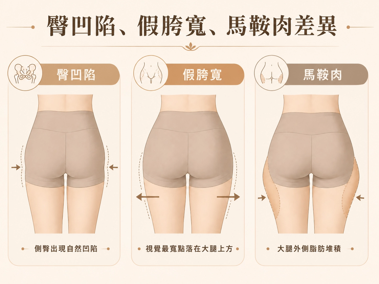 臀凹陷、假胯寬、馬鞍肉差異比較