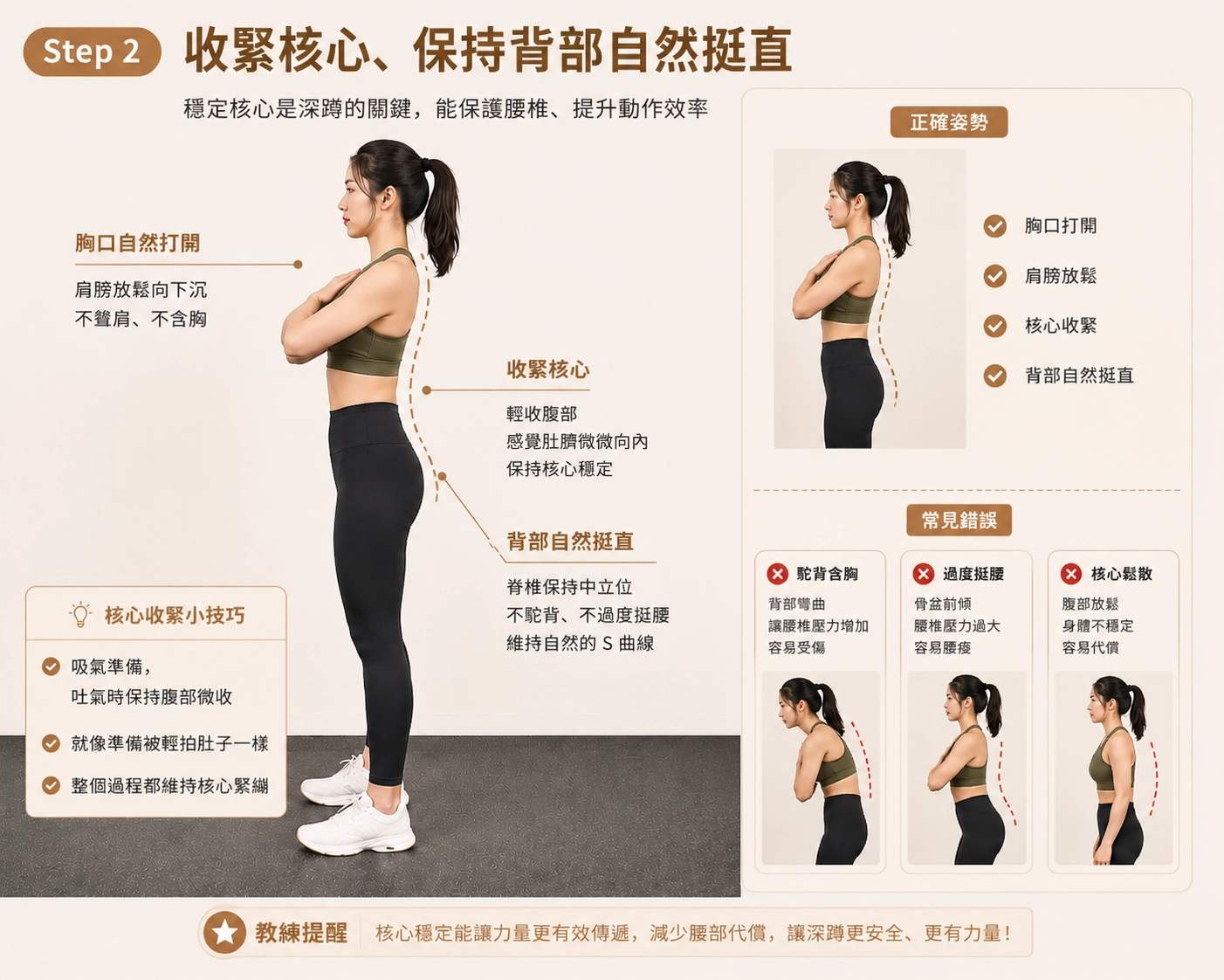 Step 2：收緊核心、保持背部自然挺直