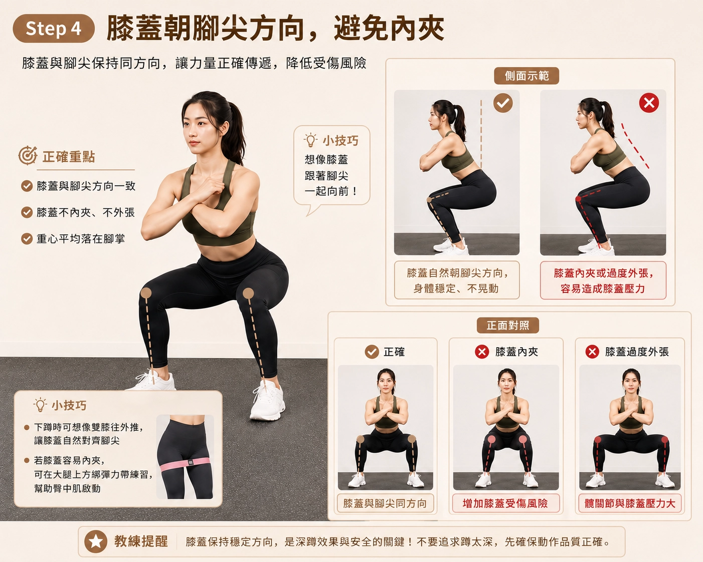 膝蓋朝腳尖方向，避免內夾