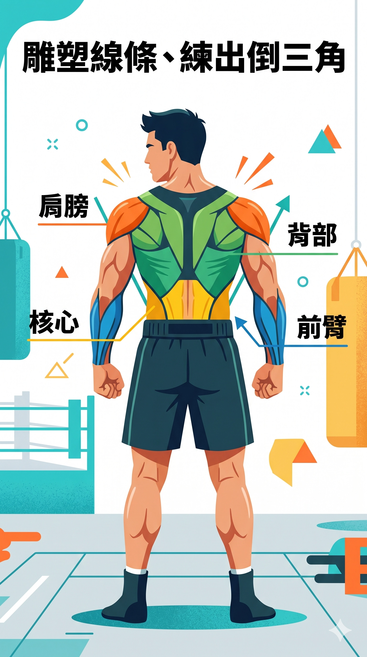 拳擊主要訓練肩、背、核心、前臂，雕塑倒三角線條