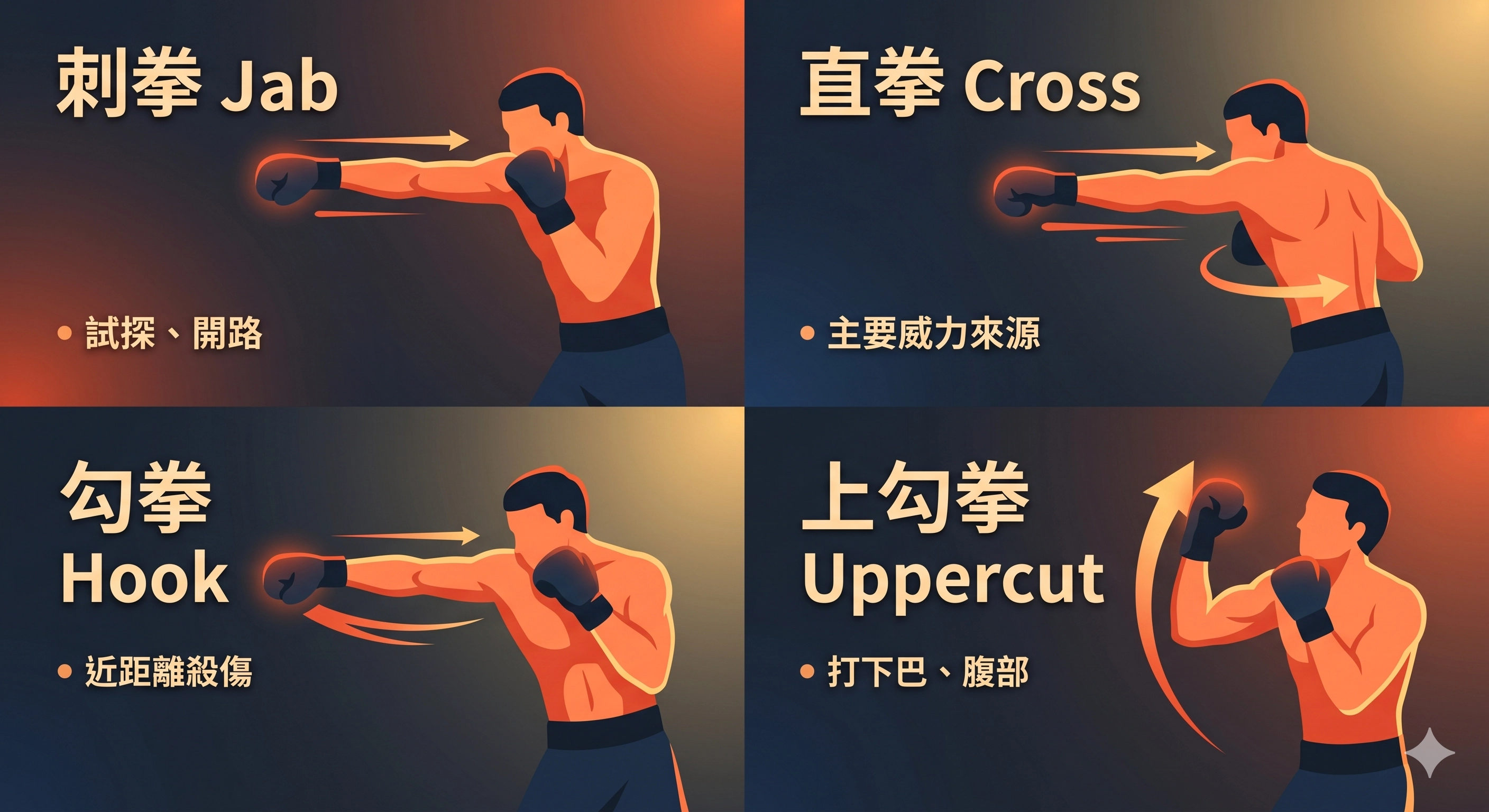 拳擊四種基本拳：刺拳、直拳、勾拳、上勾拳