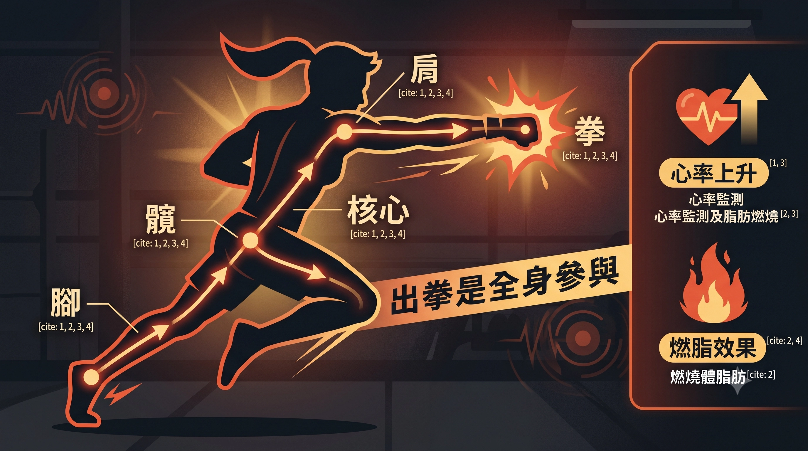 拳擊出拳是全身發力，從腳到拳的發力鏈帶動高效燃脂