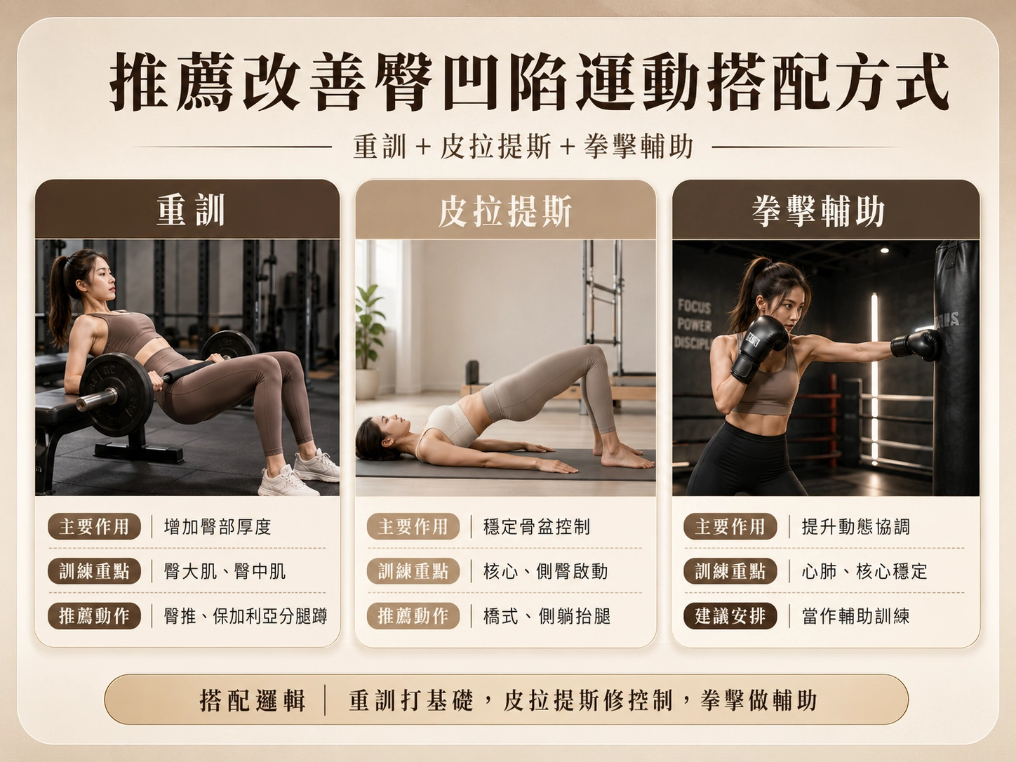 推薦改善臀凹陷運動搭配方式:重訓+皮拉提斯+拳擊輔助